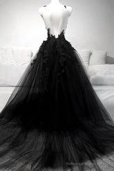 V Neck Black Lace Prom Dresses,Vintage Long Formal Graduation Dress